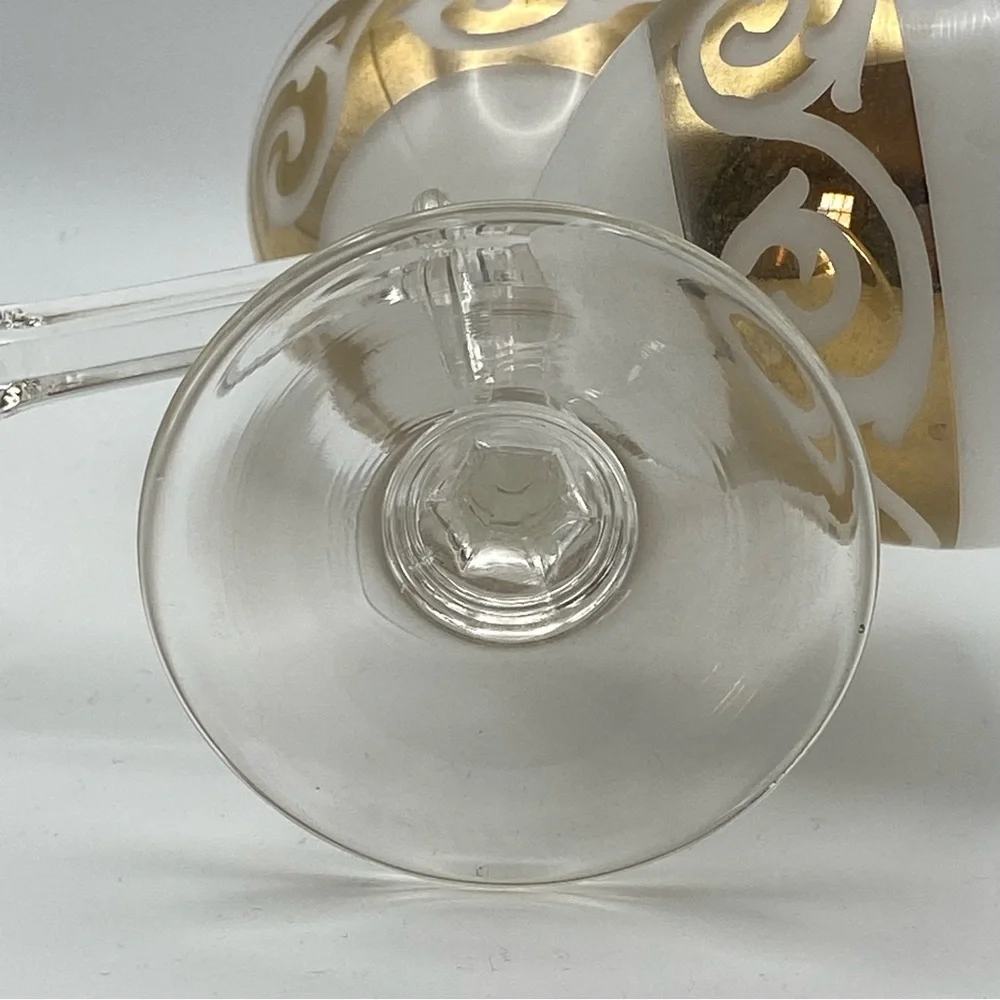 Vintage MCM Set of 2 Cocktail Glasses White & Gold Scroll Coupe Sherbet Baroque